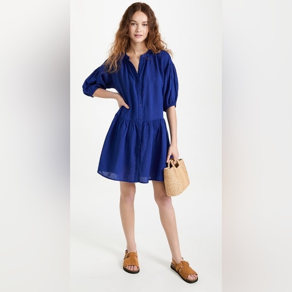 A Piece Apart Linen Cotton Tiered Moya Mini Dress in Cobalt Blue Size Medium